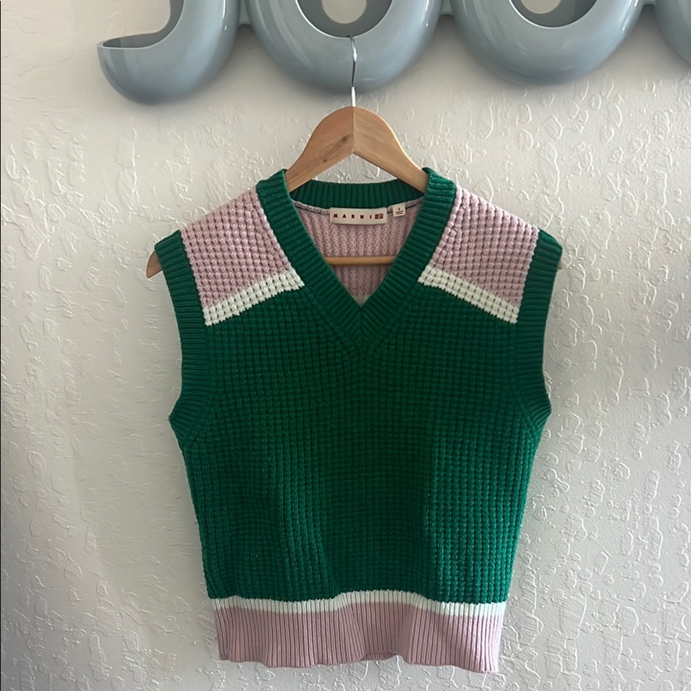 Marni Green and Pink V-Neck Sweater with Knit Design